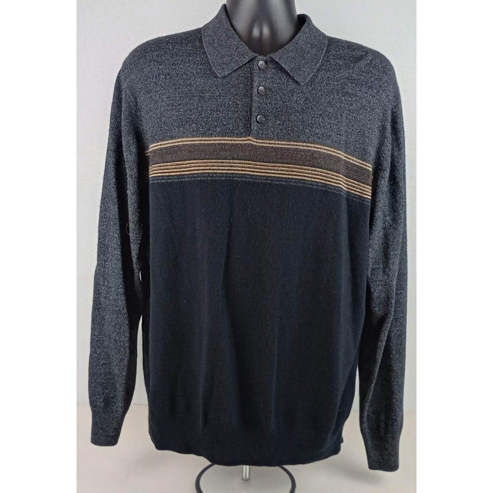 Dockers Collared Sweater Men's 2XL Black Grey Tan Striped 100% Acrylic